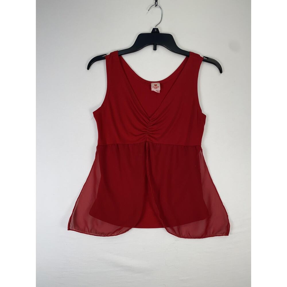 Ponny Tail Tank Top Juniors Large Red Ruched V Neck Sheer Overlay Party Top